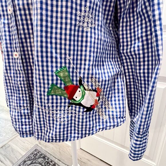 White Stag Womens Large Christmas Gingham Button Down Roll Tab Shirt Embroidered - Picture 3 of 13